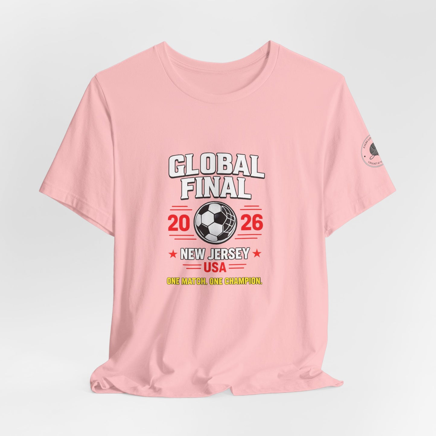 Global Final 2026 soccer tee, ribbed crew neck close-up