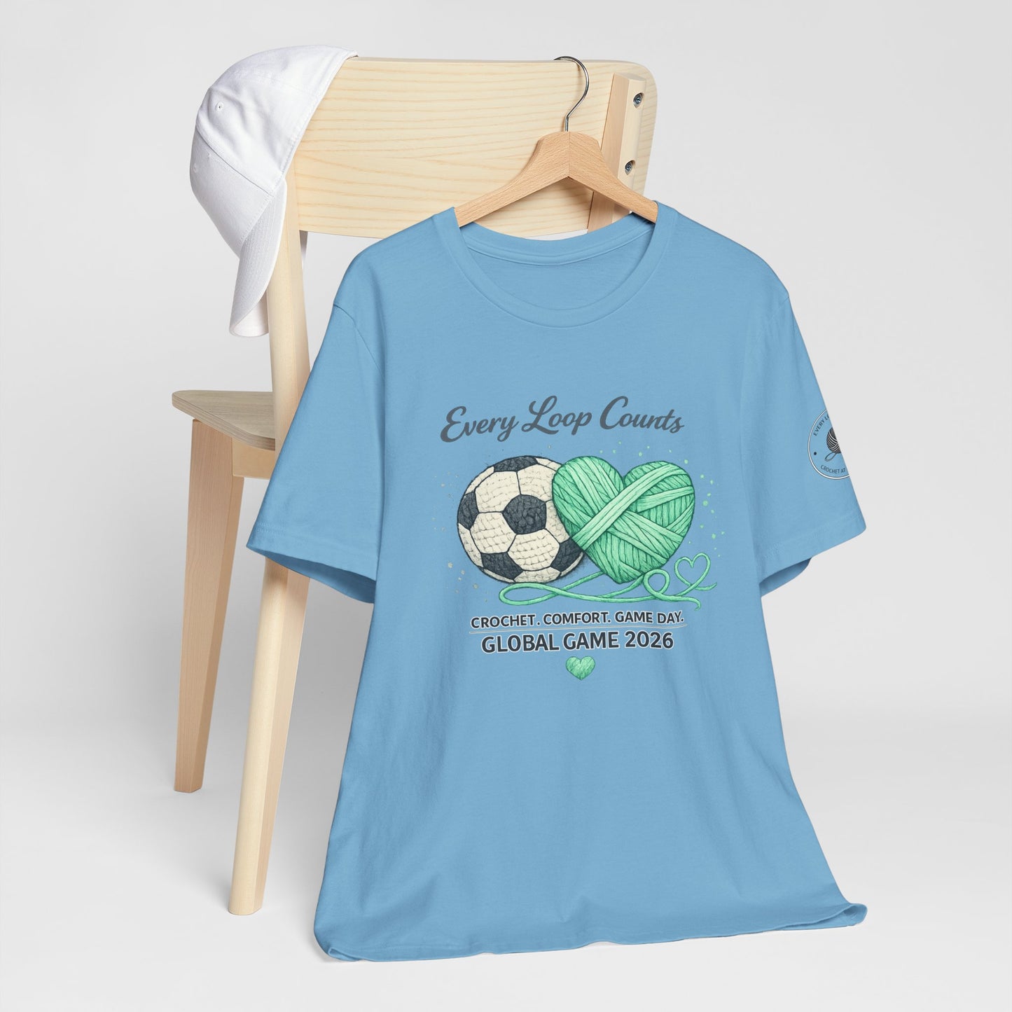 Every Loop Counts crochet soccer tee final product shot