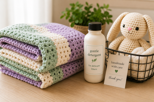 Folded crochet blanket in pastel colors next to a gentle detergent bottle and a crocheted bunny stuffie with a handmade with care tag