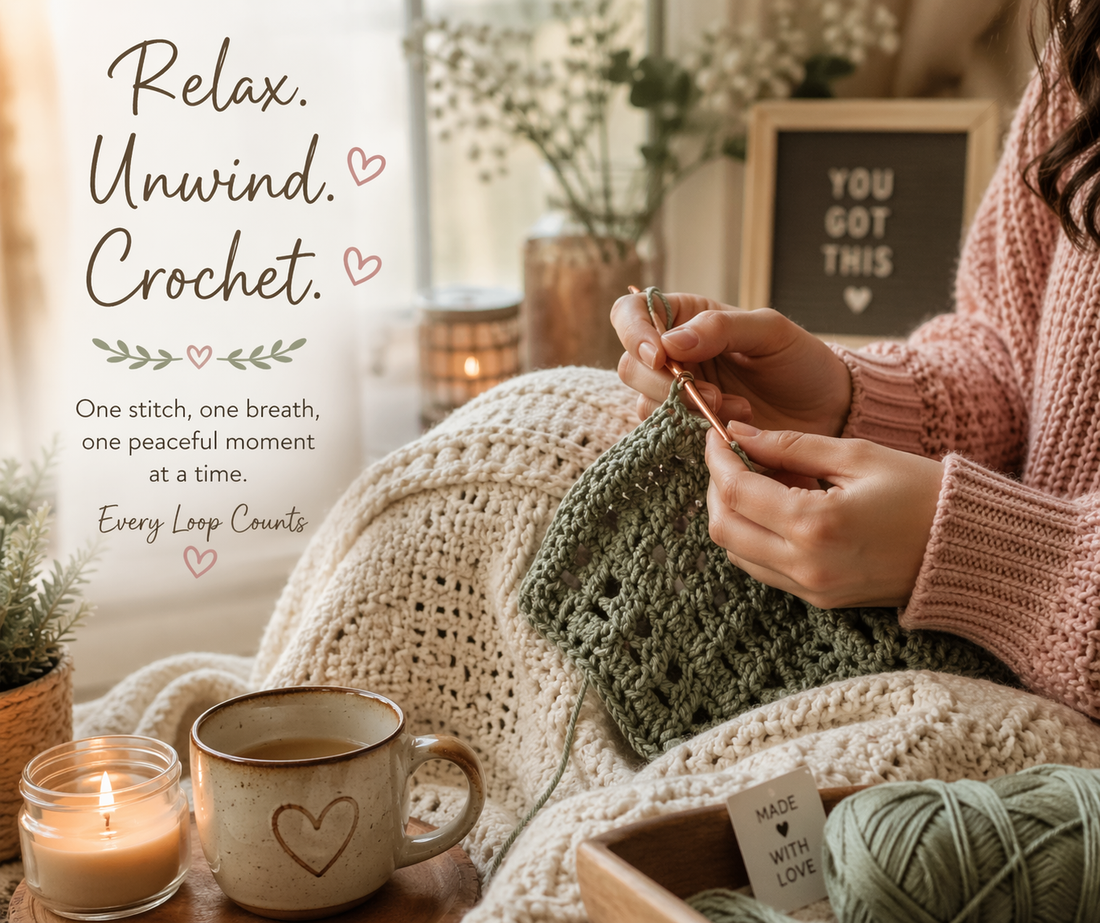 A woman crocheting a green blanket in a cozy setting with candles, yarn, and a warm mug — Relax. Unwind. Crochet. Every Loop Counts.