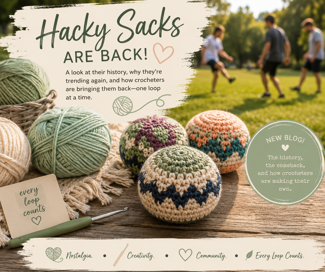 Colorful crocheted hacky sacks on a wooden table with yarn balls and a crochet hook, with kids playing in the background