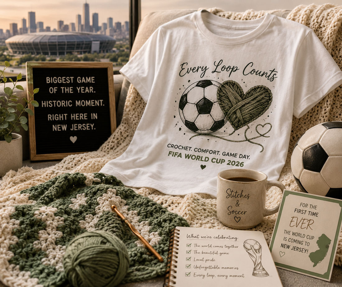 Every Loop Counts FIFA World Cup 2026 t-shirt styled in a cozy game day flat lay with crochet, yarn, soccer balls, and a coffee mug