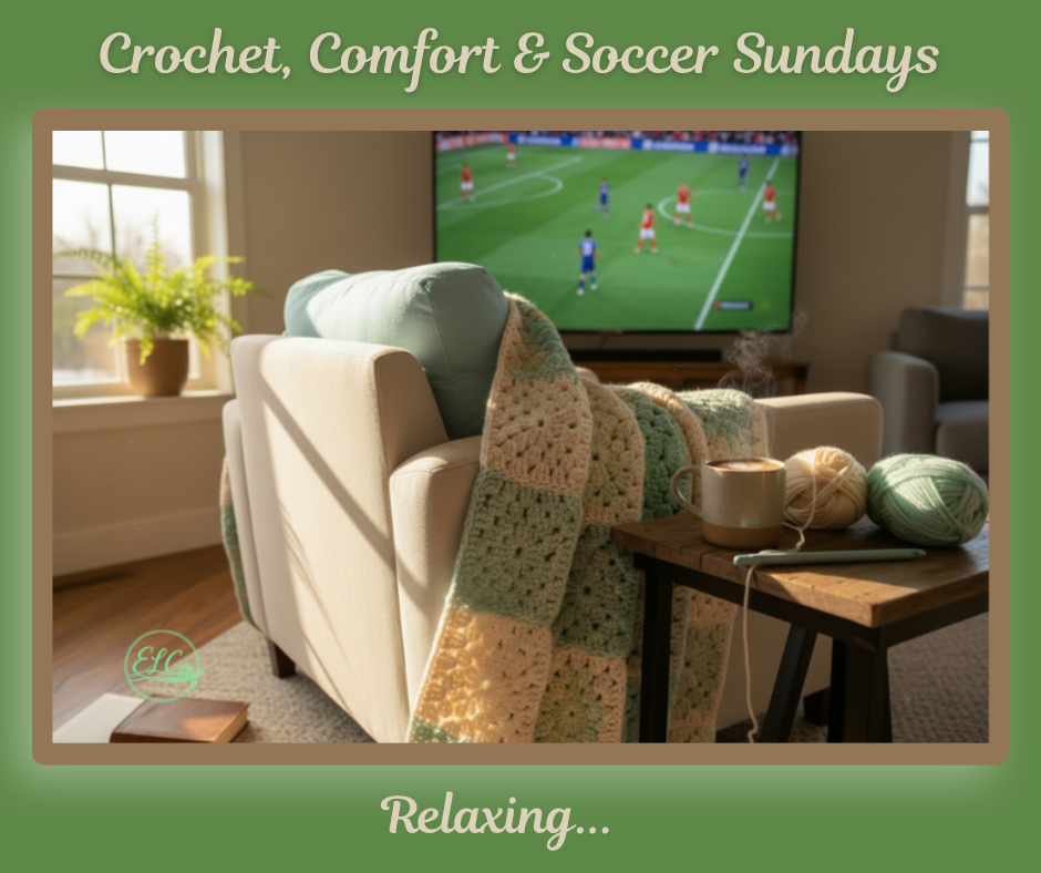 Cozy crochet blanket on an armchair with yarn and coffee, soccer match playing on TV in the background