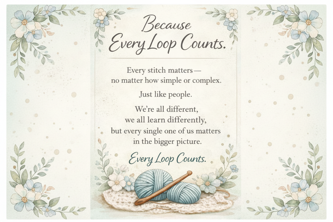 Because Every Loop Counts — a landscape quote card with yarn and crochet hook watercolor illustration