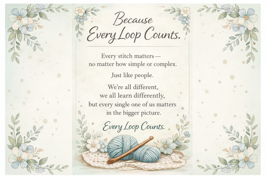 Because Every Loop Counts — a landscape quote card with yarn and crochet hook watercolor illustration