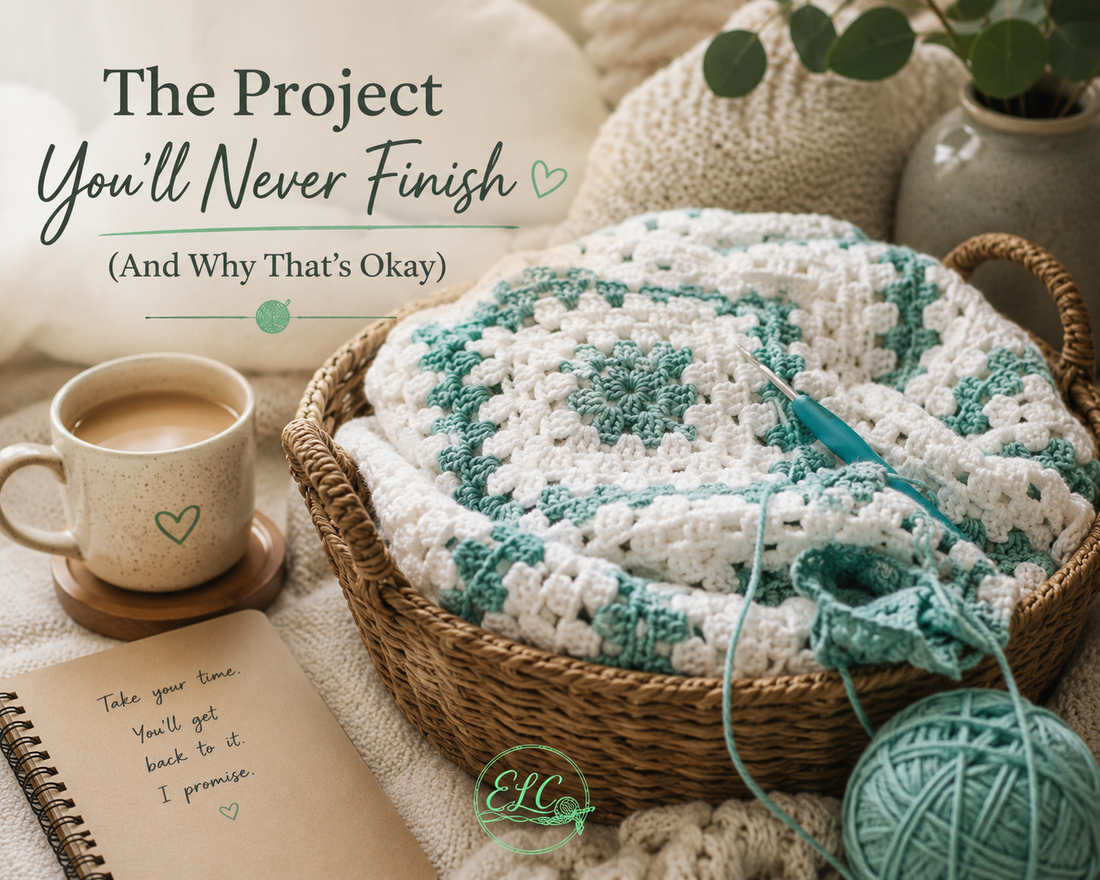 A cozy crochet WIP in a wicker basket with a cup of coffee and yarn — The Project You'll Never Finish blog post by Every Loop Counts