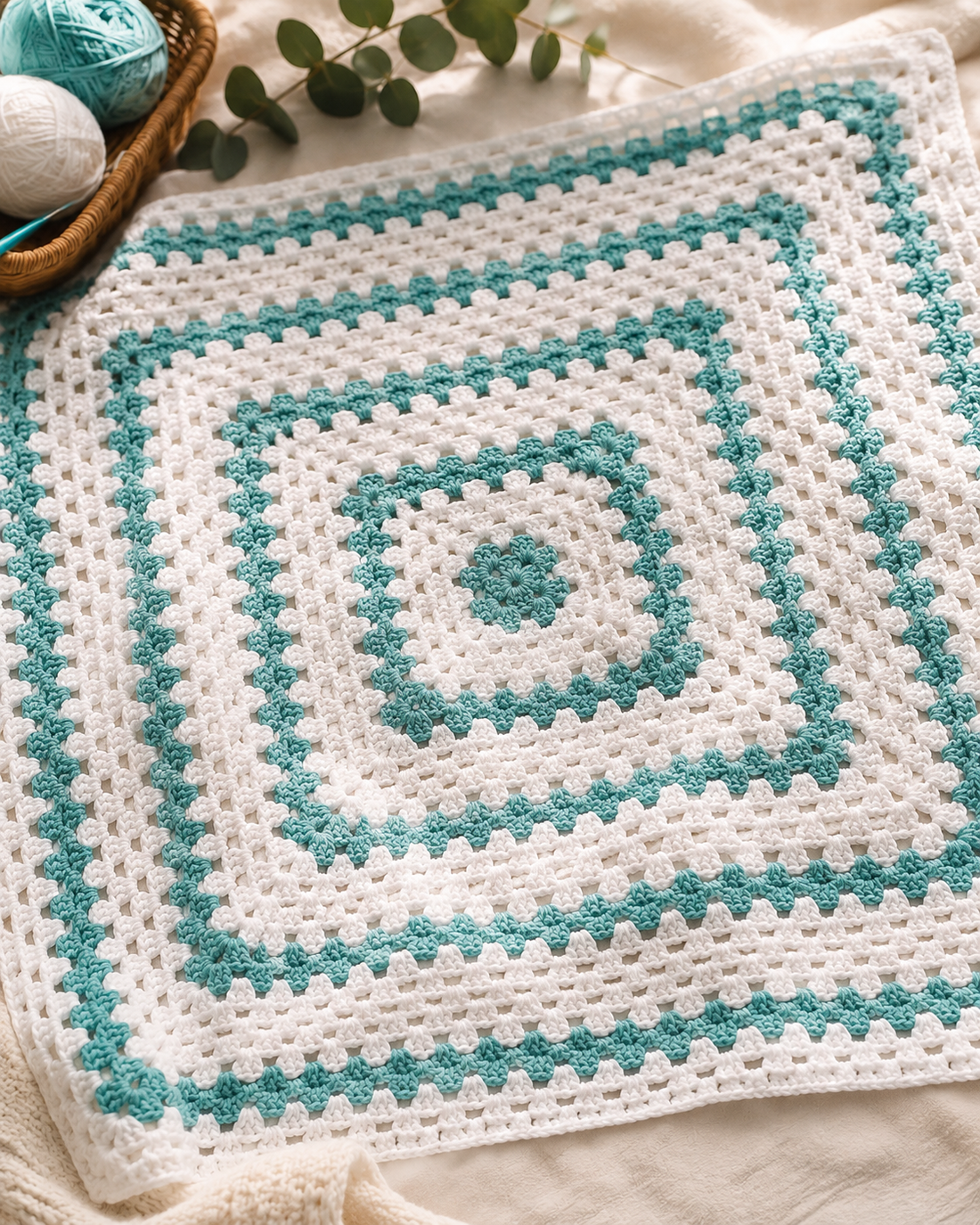 A teal and white granny square crochet blanket laid flat, with yarn balls in a wicker basket nearby
