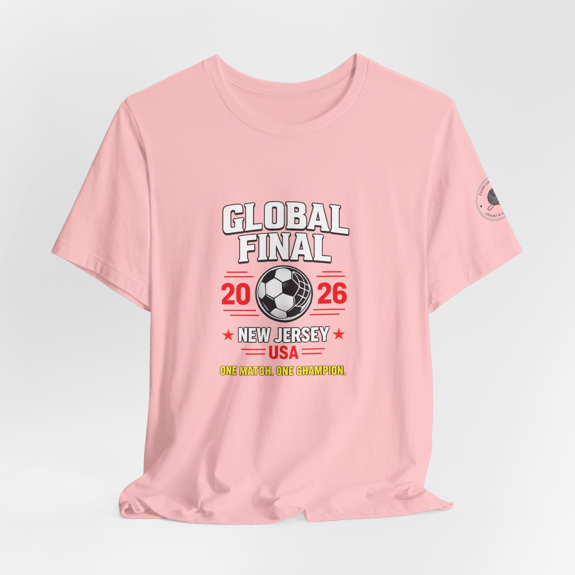 Global Final 2026 soccer tee, ribbed crew neck close-up