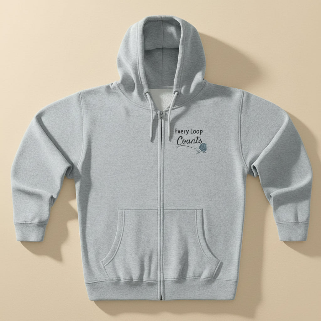 Every Loop Counts Gray Heather  hoodie with 'BARRE' logo on a cream background