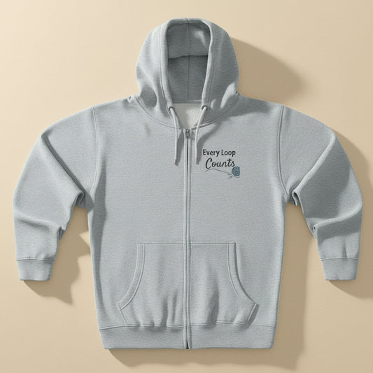 Every Loop Counts Gray Heather  hoodie with 'BARRE' logo on a cream background