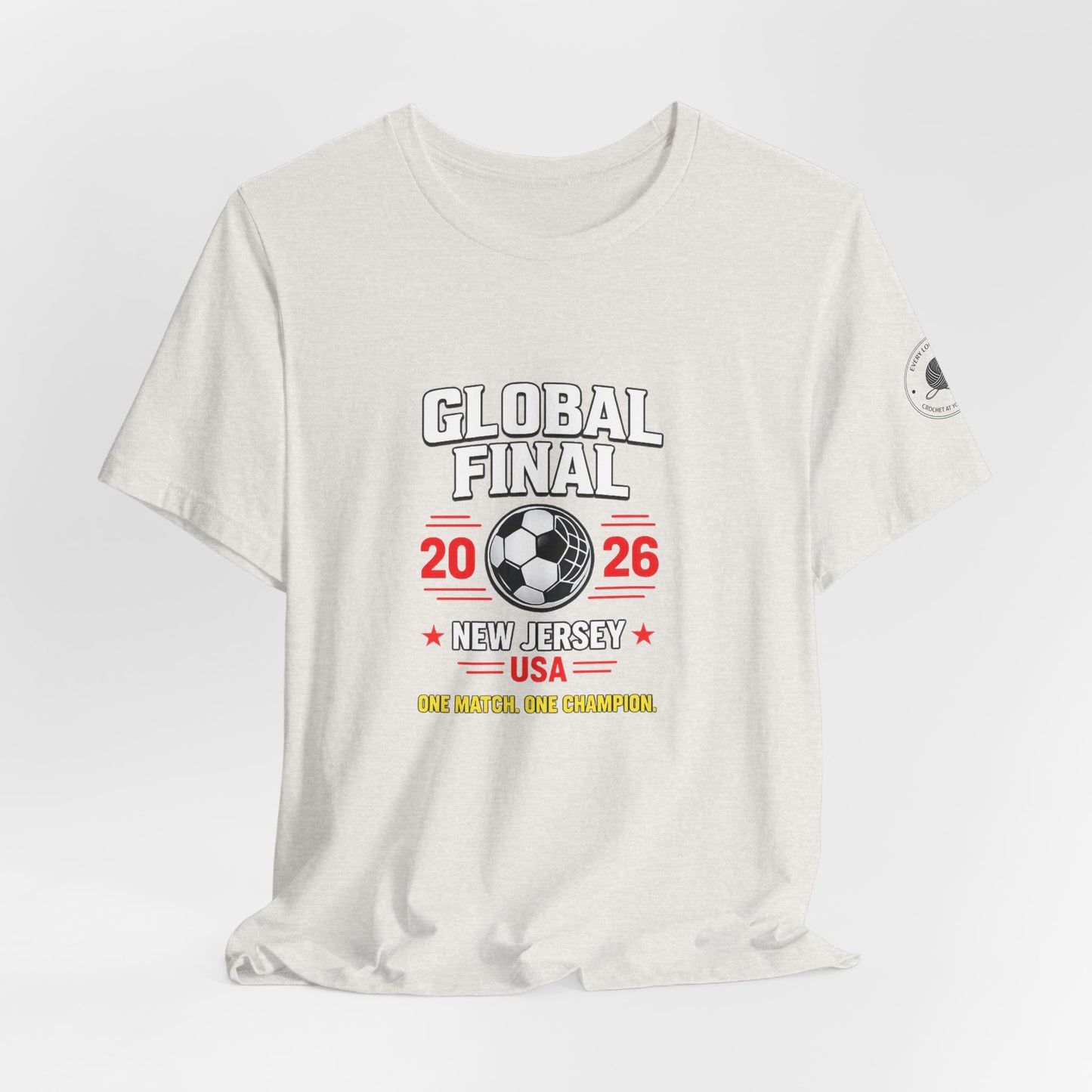 Global Final 2026 tee worn by model, full body front view
