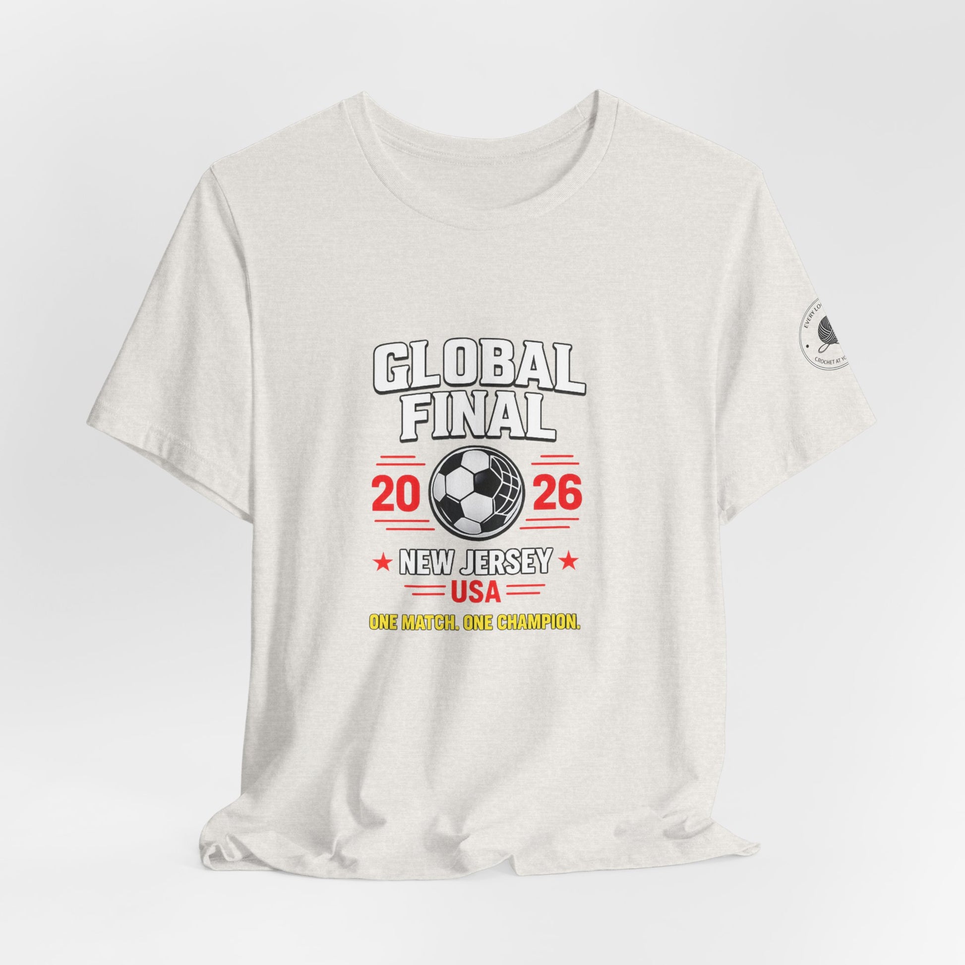 Global Final 2026 tee worn by model, full body front view