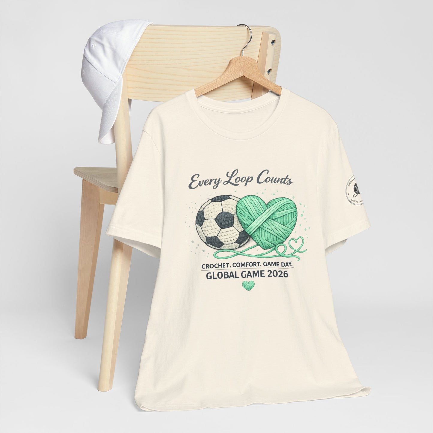 Every Loop Counts crochet and soccer t-shirt front view Game Day 2026