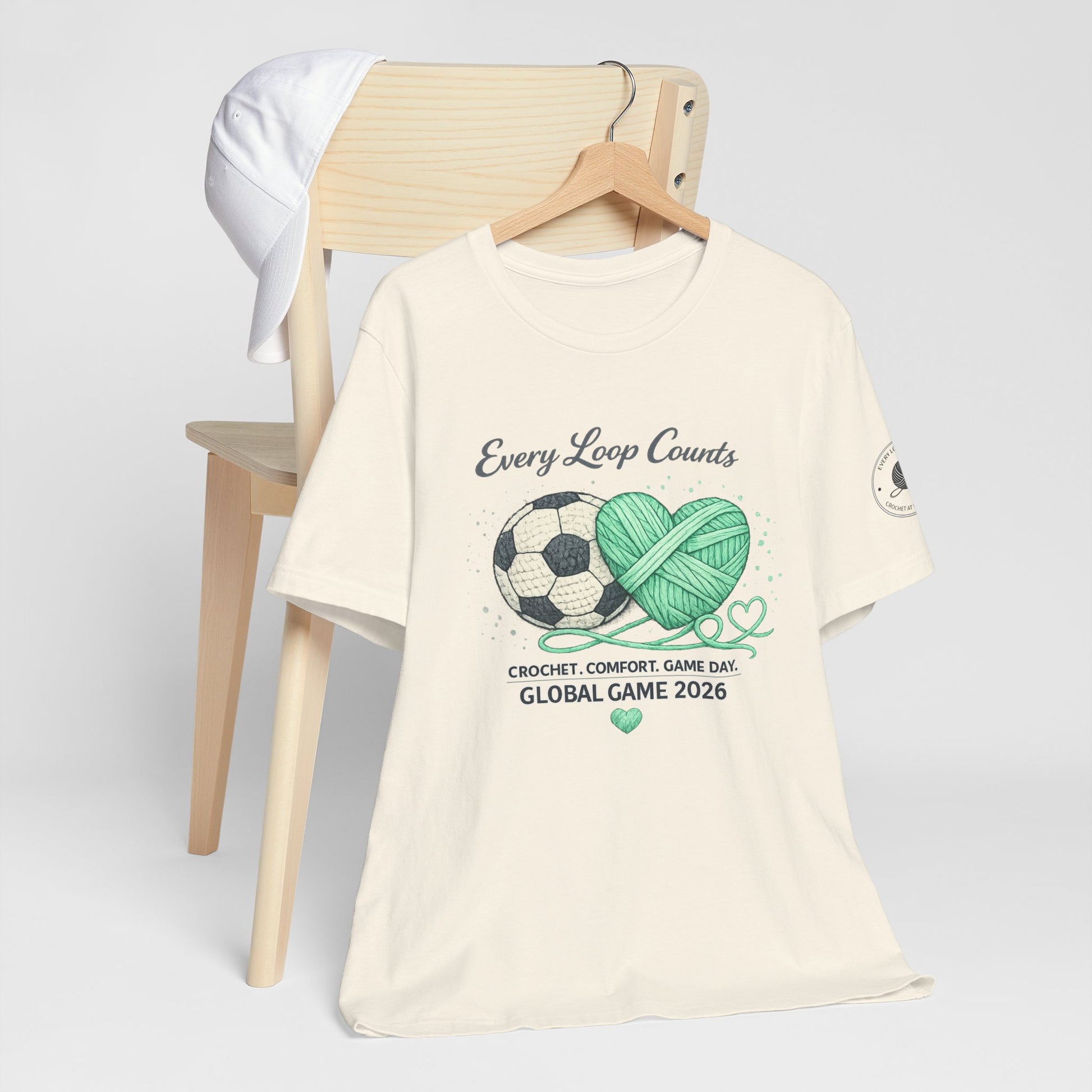 Every Loop Counts crochet and soccer t-shirt front view Game Day 2026
