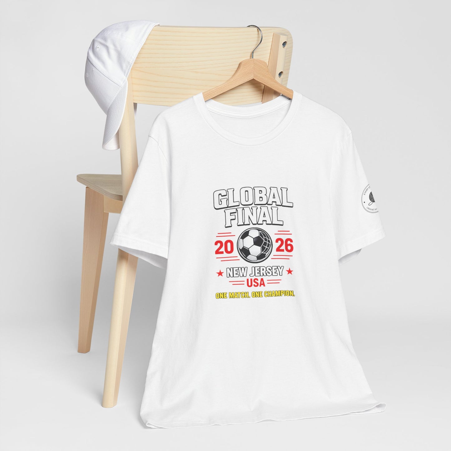Global Final 2026 soccer tee with stadium-style lettering, front view