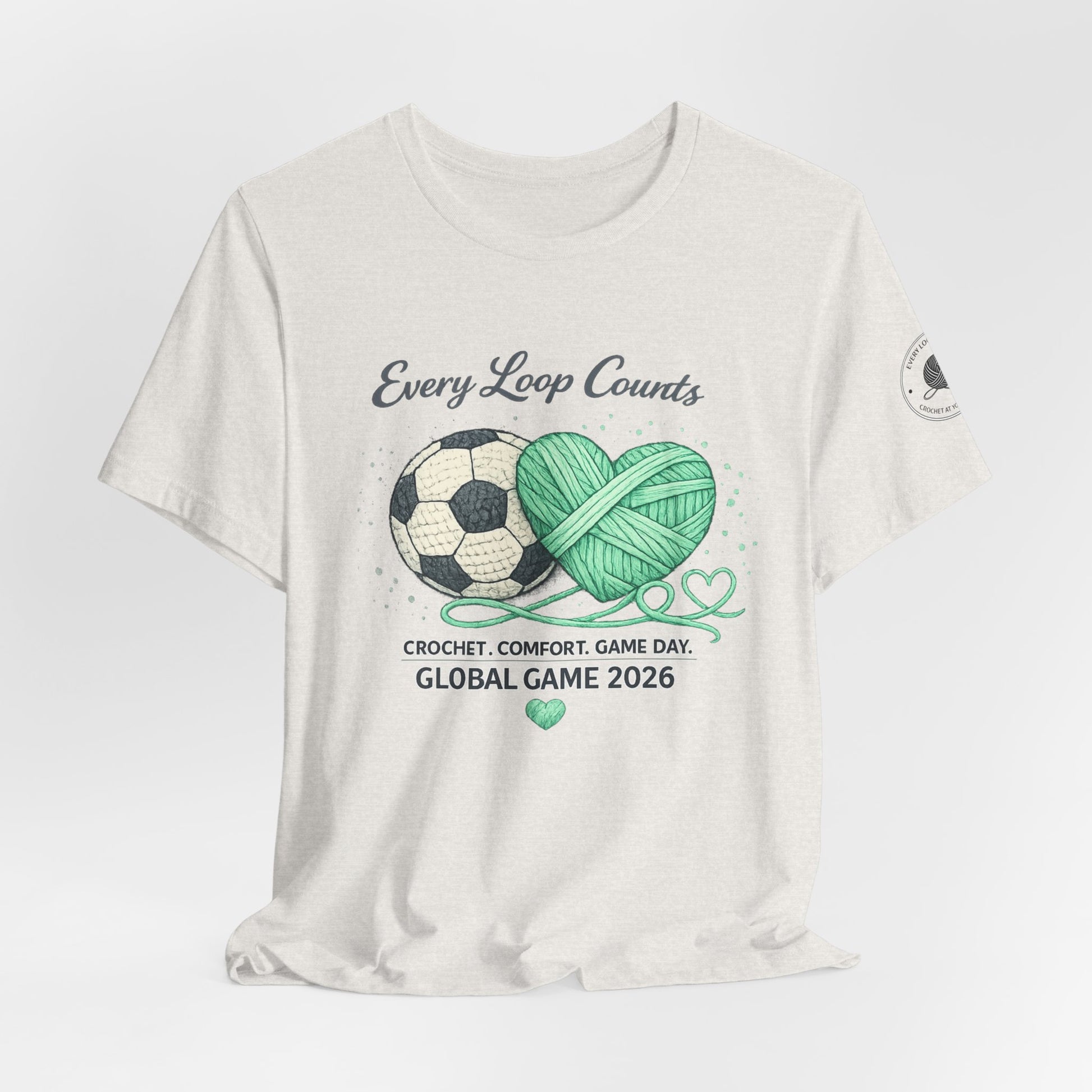 Every Loop Counts soccer tee close-up graphic detail