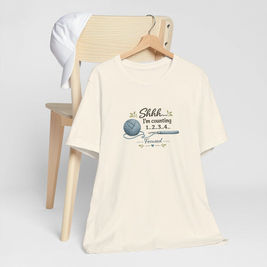 Knitting Humor Tee — “Shhh... I’m Counting 1, 2, 3, 4” Yarn & Needles Shirt
