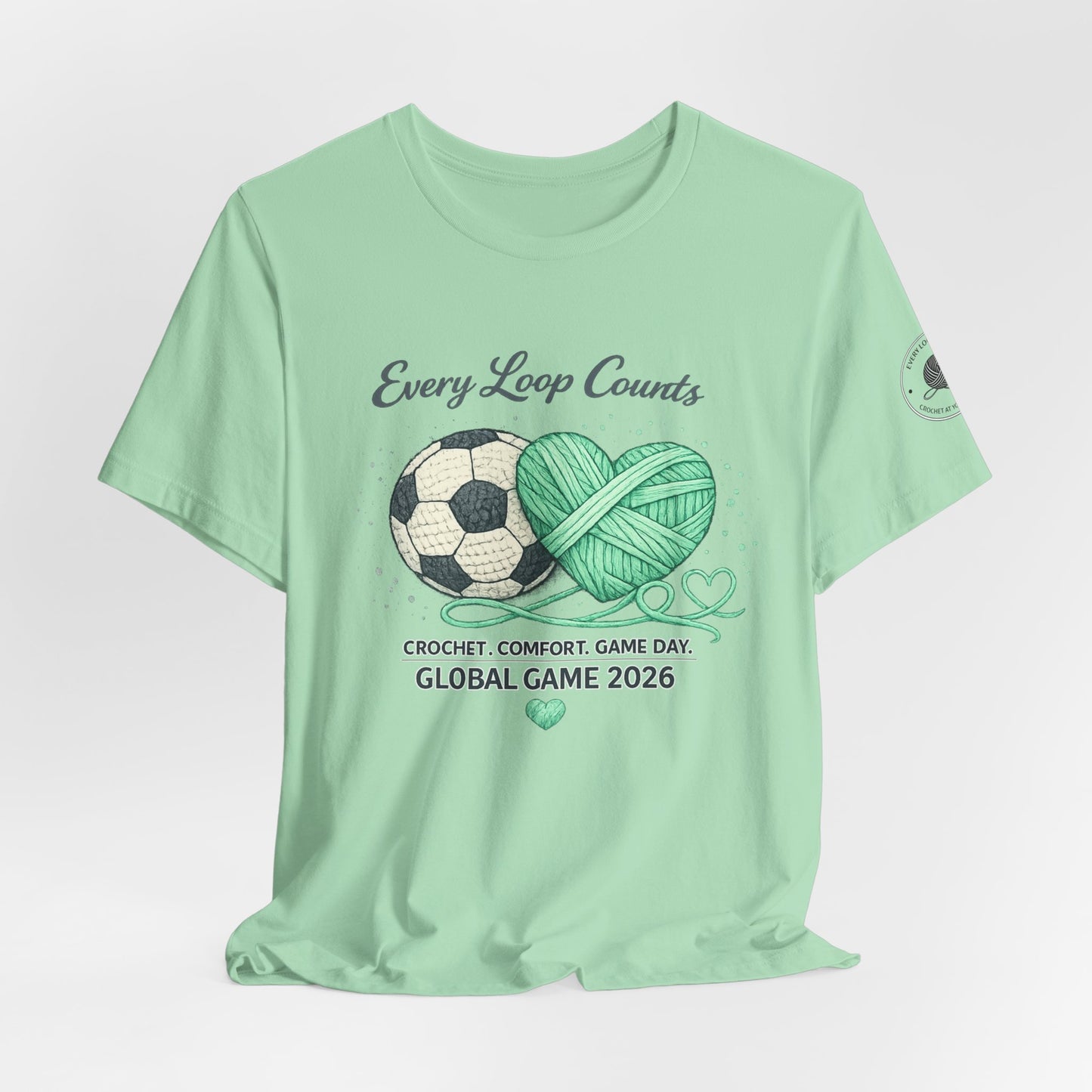 Every Loop Counts crochet soccer tee on model side view