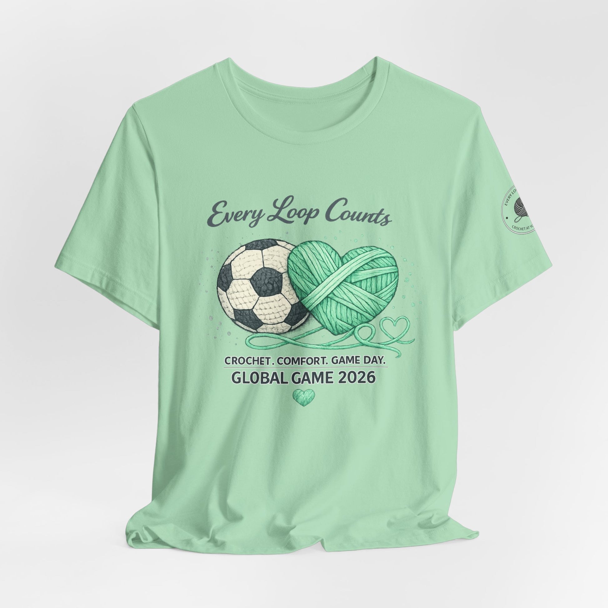 Every Loop Counts crochet soccer tee on model side view