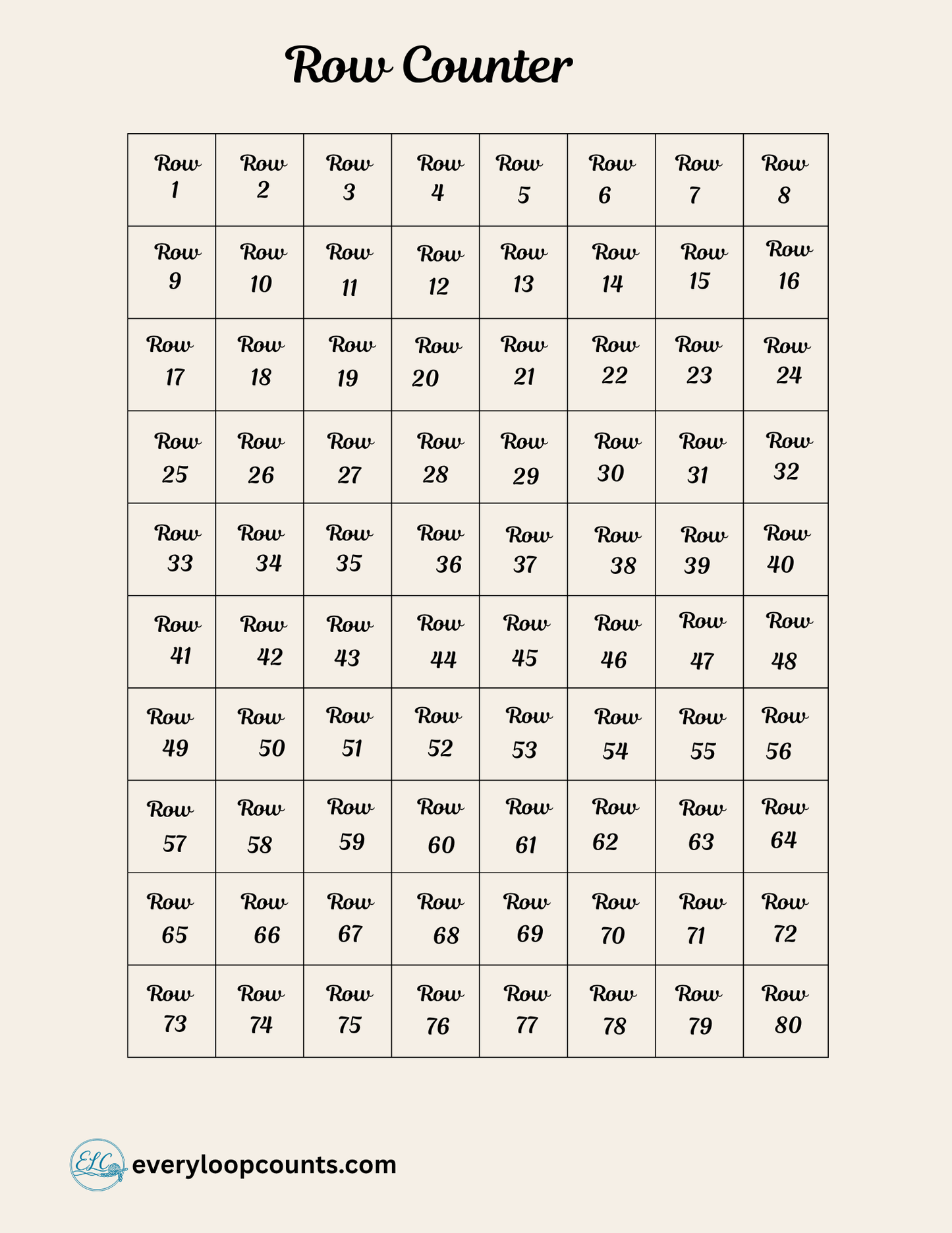 RowCounter1-80 → Printable crochet row counter sheet – rows 1 through 80 tracker
