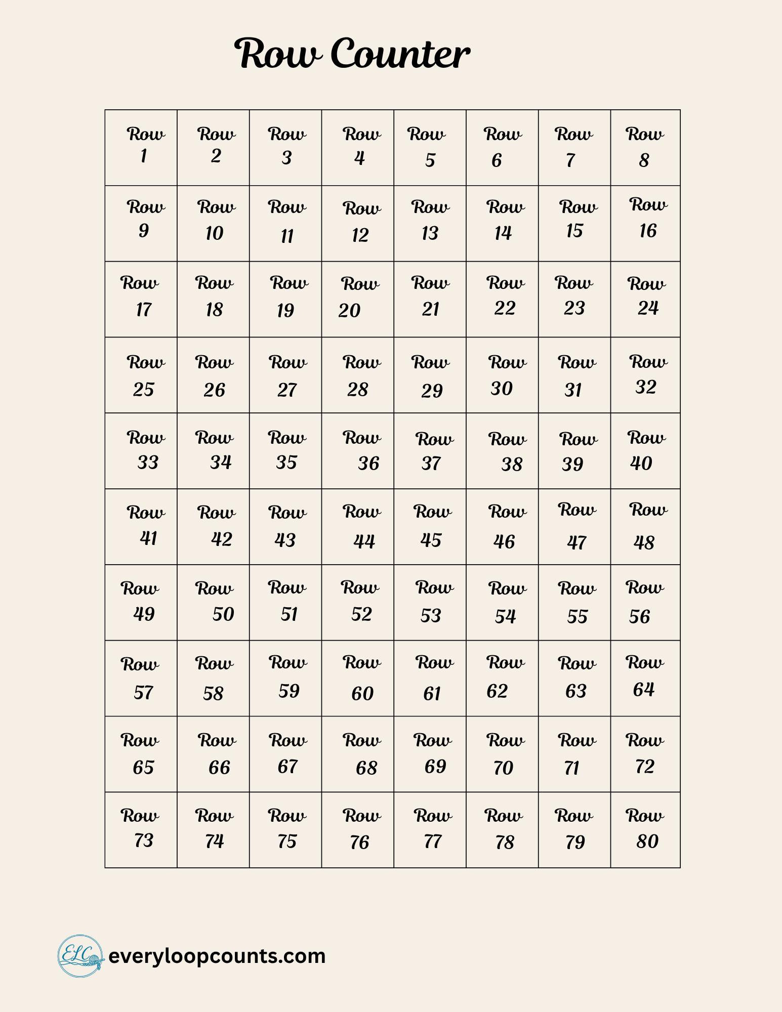 RowCounter1-80 → Printable crochet row counter sheet – rows 1 through 80 tracker