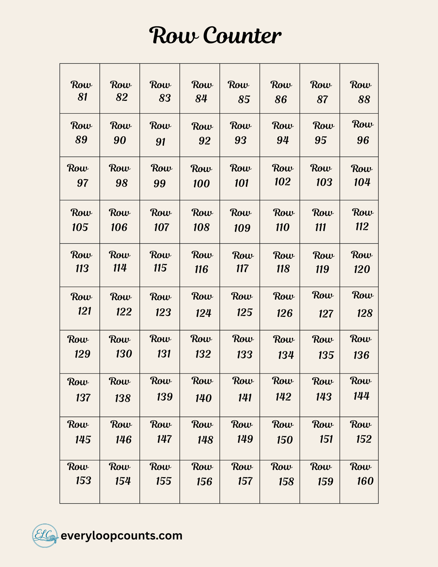 RowCounter81-160 → Printable crochet row counter sheet – rows 81 through 160 tracker