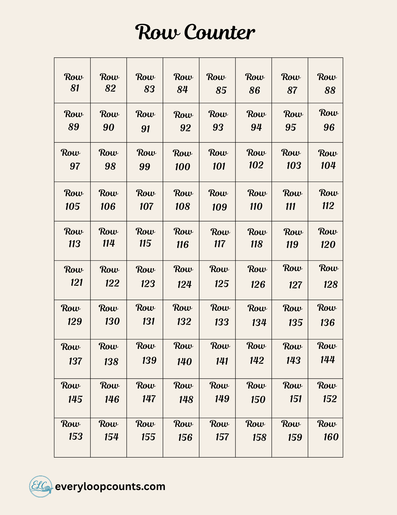 RowCounter81-160 → Printable crochet row counter sheet – rows 81 through 160 tracker
